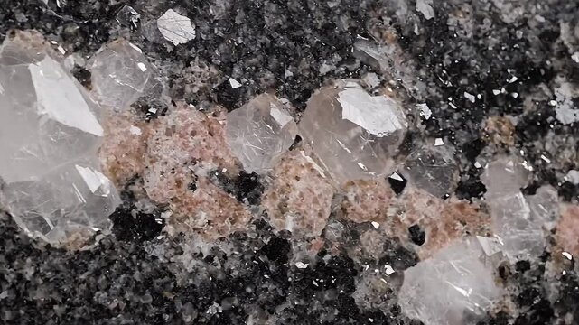 Crystals embedded in dark granite rock surface viewed from above