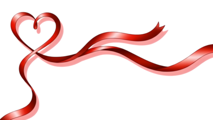 A flowing red ribbon forms a heart shape and sweeps across a dark background