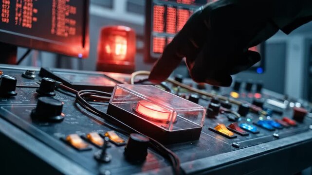 Gloved Hand Presses Red Button on Control Panel in Dark Room