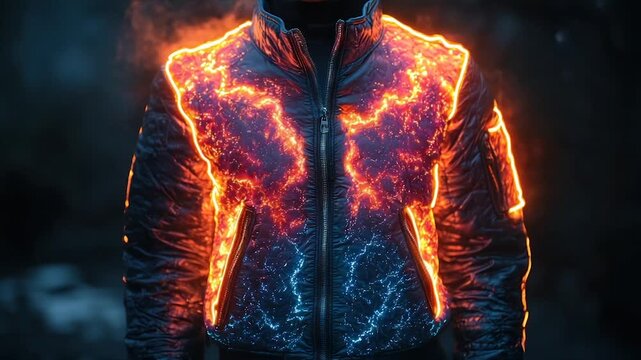 A futuristic jacket glows with orange and blue energy, illuminating the dark backdrop