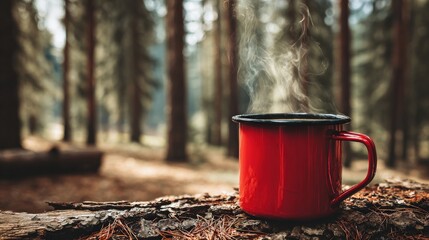 Steaming beverage rests within a bright red camping mug placed on rough tree bark in a dense forest