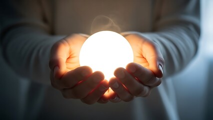 Hands gently holding a glowing orb of light, symbolizing hope and new ideas.