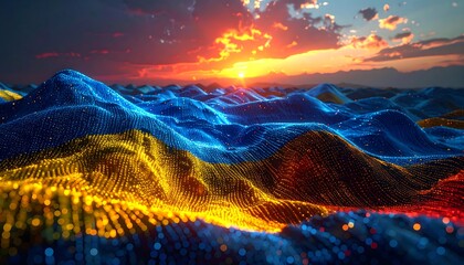 Digital rendering of undulating landscape using blue and yellow points, resembling the nation's colors, beneath a dramatic sunset