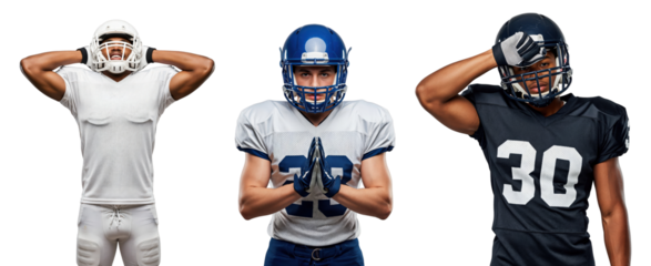 Diverse Male Football Players Posing in Uniforms with Intense Expressions for Sport Photography