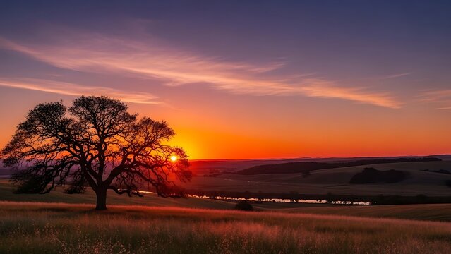 Majestic solitary tree silhouetted against a vibrant sunset in a peaceful rural landscape. - Powered by Adobe