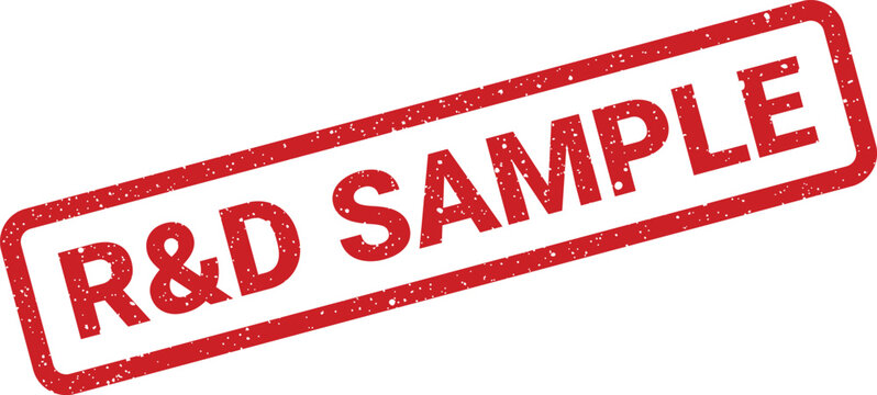 Red distressed rubber stamp with R&D SAMPLE text indicating a preliminary research material