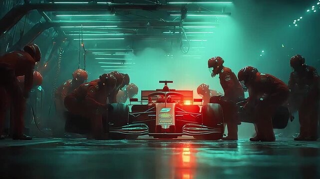 Formula One Race Car . Pit Crew Servicing Vehicle in the Pit Lane. Blurred Pit Crew in Background.