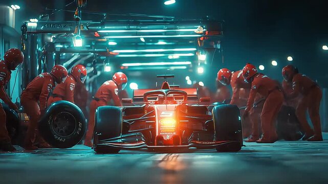 Formula 1 Pit Crew in Action: Expert Mechanics in Red Uniforms Service a Red Race Car During a Pit Stop.
