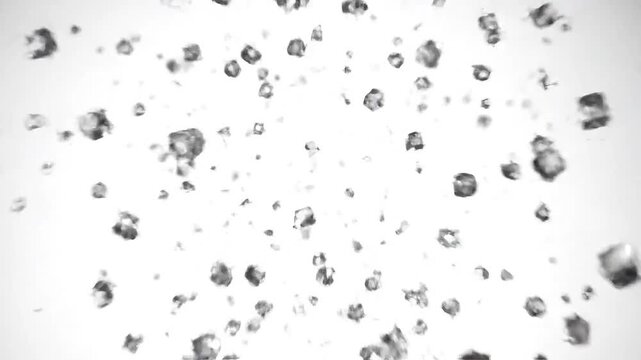 Numerous sparkling, translucent crystals scatter dynamically against a pristine white background, creating an abstract and textured visual effect of purity and lightness