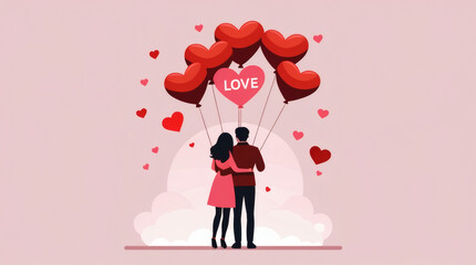 Romantic illustration of a loving couple embracing under a cluster of vibrant red heart-shaped balloons, symbolizing deep affection, cherished moments, and the celebration of love