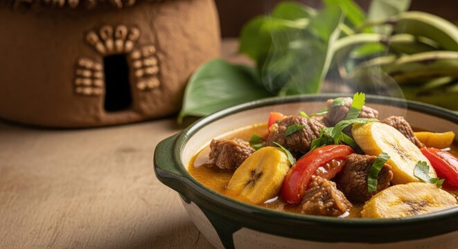 Steaming Golden Congolese Plantain and Beef Stew in Ceramic Dish with Negative Space