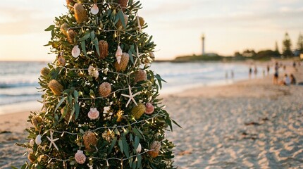 Christmas tree by the beach, Holiday tree with ocean view, Festive tree on a beach at sunset