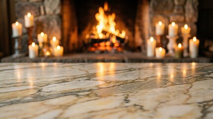 Cozy living room with fireplace, Warm home atmosphere by the fireplace, Relaxing decor with candles and fruit