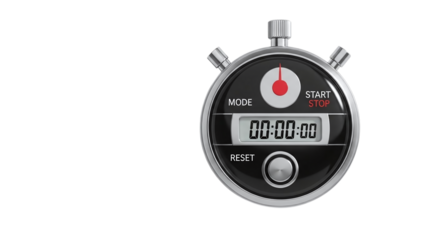 Close-up of modern digital stopwatch with black face and silver accents, isolated on transparent background with natural lighting