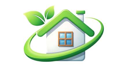 Eco-friendly house with green roof and leafy design on white background