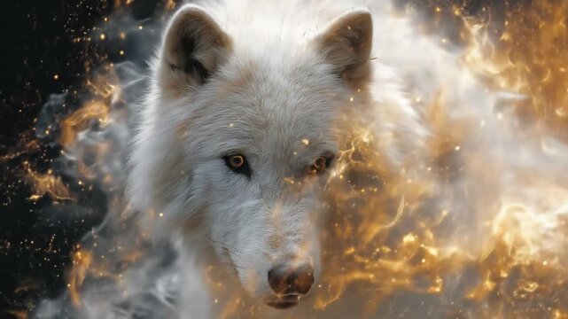 An imposing white wolf peers forward, engulfed by blazing orange flames and thick drifting smoke