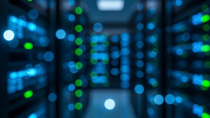Blurred Server Room with Glowing Lights and Data Center Racks.