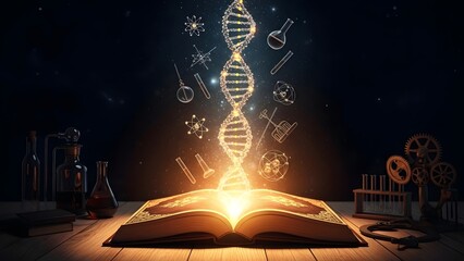 A magical science scene featuring an aged book on a wooden table glowing brightly as dna atoms and instruments ascend into darkness symbolizing the journey of knowledge and scientific understanding
