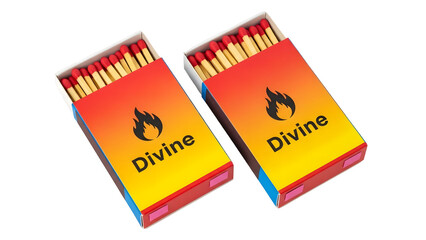 Two boxes of red-tipped matches with Divine branding on white background