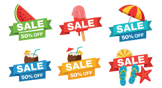 Diverse collection of vibrant summer sale badges with tropical and beach elements on a white background for promotional graphics