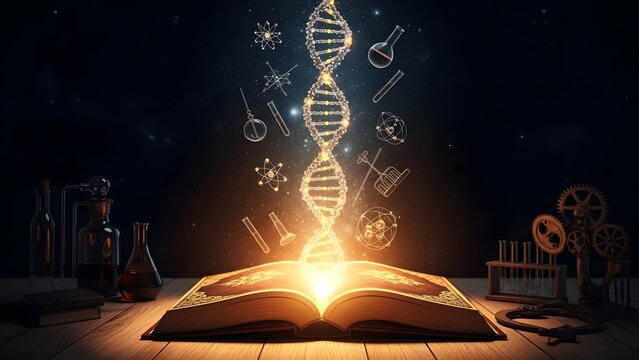 A magical science scene featuring an aged book on a wooden table glowing brightly as dna atoms and instruments ascend into darkness symbolizing the journey of knowledge and scientific understanding
- Powered by Adobe
