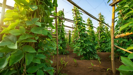 Lush green bean plants growing vertically on a trellis system in a sun-drenched greenhouse, showcasing organic farming and sustainable agriculture practices