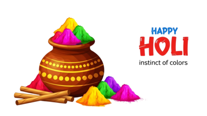 Colorful Holi powder piles in a traditional Indian pot with sticks