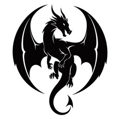 Fototapeta premium Striking black silhouette of a mythical dragon with outstretched wings, forming a powerful circular emblem on a white background.