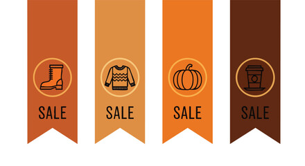 Autumn season promotional sale banners featuring line icons of a boot sweater pumpkin and coffee cup isolated on white background for advertising