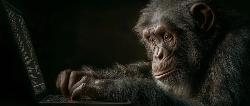 Sitting at a desk, an intelligent chimpanzee uses a laptop keyboard to input code that appears on the screen.