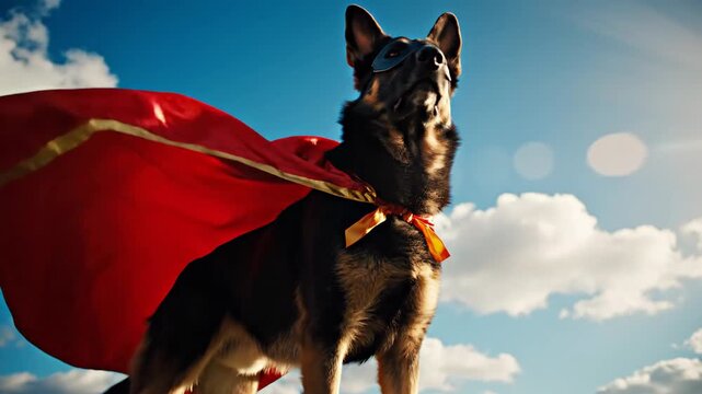 A proud dog in a superhero cape poses boldly against a blue sky.