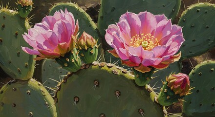 Painting of pink cactus blossoms and green pads closeup view visible thorns