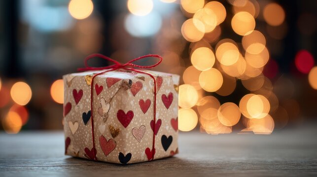 A gift box with red heart patterns, tied with red string. Warm bokeh lights in the background. Close-up on wooden surface