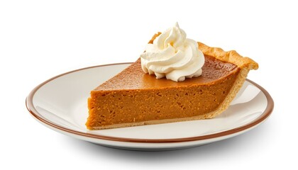 Pumpkin pie slice on a plate with white background for a classic seasonal dessert theme
