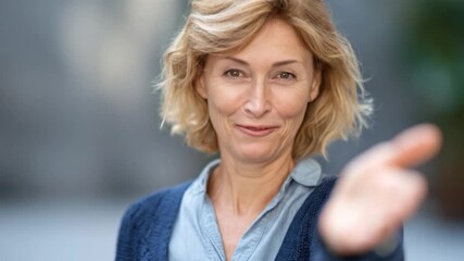 A beautiful, smiling mature woman with radiant blonde hair and expressive eyes extends her hand towards the viewer in a friendly, inviting gesture. Dressed casually in a blue collared shirt and knitte