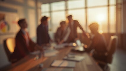 Business professionals in a meeting room, discussing important ideas with focus and collaboration, bathed in the warm glow of sunset
