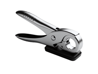 Silver metal hole punch on black base, studio lighting, close-up, modern office tool, isolated on transparent background