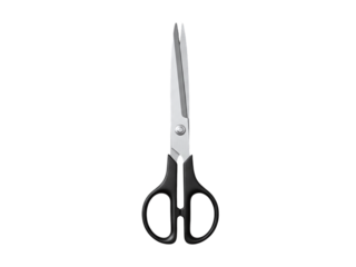 Sharp silver scissors with black handles, isolated on transparent background with studio lighting