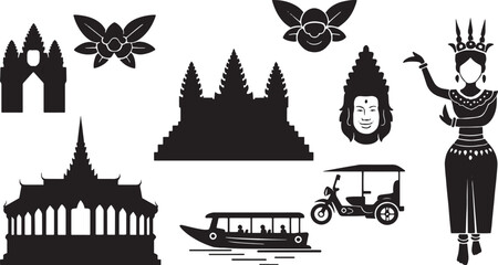 Obraz premium Cambodia Travel Landmark Vector Icons Set, Angkor Wat Temple, Apsara Dancer, Tuk Tuk Silhouettes