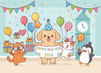 Fototapeta premium Festive cartoon animals celebrating new year 2026 with balloons and gifts