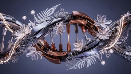 A surreal futuristic illustration of dna merging metal and plant life rendered with high detail lighting and texture expressing the fusion of science and nature
