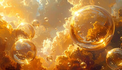 Rendered scene of luminous, golden bubbles floating amidst dense, fluffy clouds, bathed in a warm, ethereal glow