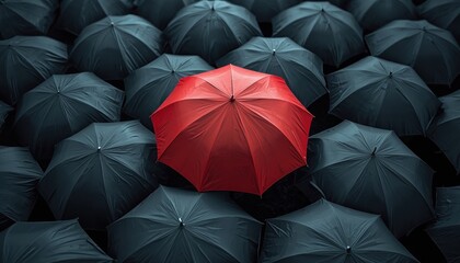Difference new ideas and special skills red umbrella among a crowd of black umbrellas scene