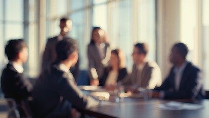 Blurred image of a diverse group of professionals in a meeting, discussing business strategies and collaborating effectively to achieve common goals