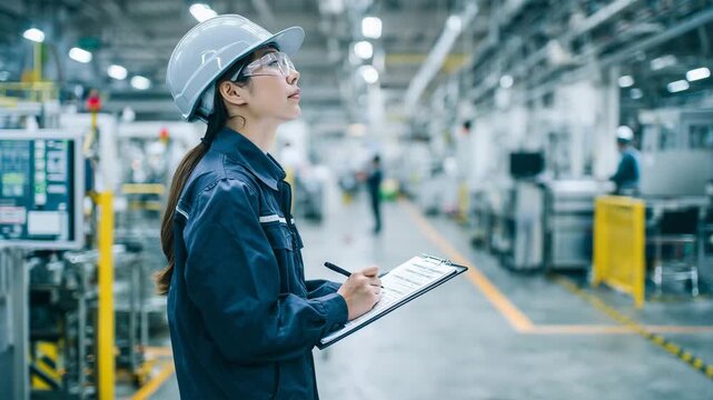 製造ラインでクリップボードの点検表を確認する女性の朝の業務シーン