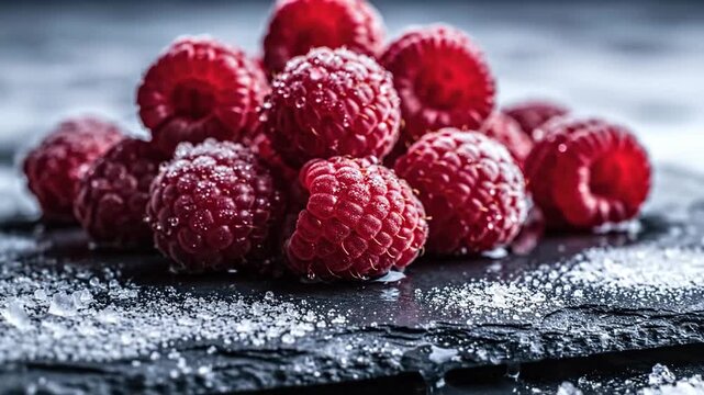Deep red raspberries with sparkling sugar crystals on dark slate surface, a vibrant, delectable close-up for culinary inspiration.