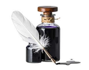 A feather quill rests near ink bottles with a dark purple ink and a wooden stopper