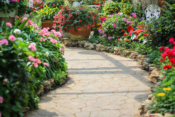 Pavement with shadow of roof in blossom garden natural background
