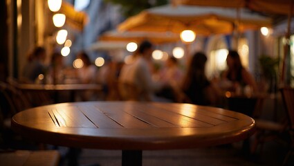 Warm evening ambiance at an outdoor cafe, a glowing wooden table in the foreground. Blurred patrons and soft string lights create a cozy, inviting social setting