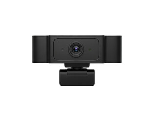 Black webcam with lens and microphone, centered on white background, studio lighting, modern technology device, isolated on transparent background
